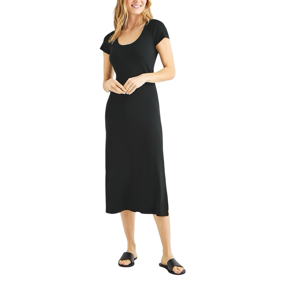 Splendid Iva Ribbed T Shirt Midi Dress Scoop Neck Side Slit Soft Black XL NWT